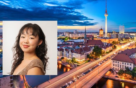 headshot of student Fiona Lu over cityscape photo of Berlin