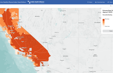 image shows a map of California color-coded by days of extreme heat