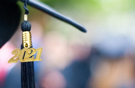 Closeup of a 2021 Graduation Tassel at a graduation ceremony.
