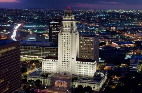 Aerial establishing shot of Downtown Los Angeles, California at sunrise.