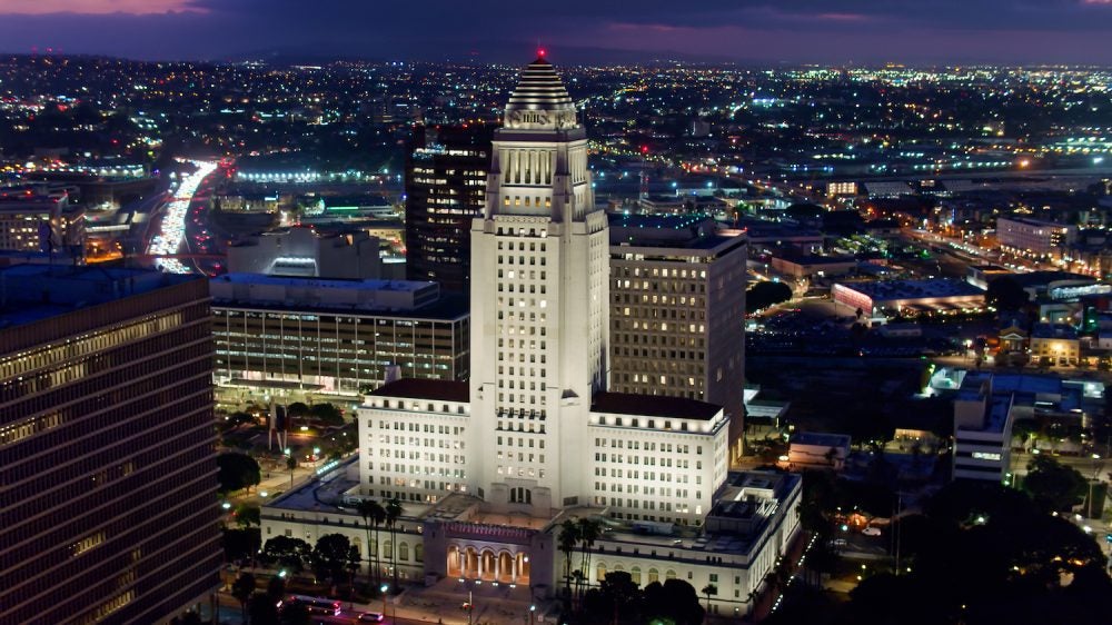 Aerial establishing shot of Downtown Los Angeles, California at sunrise.