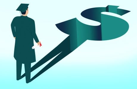 stock illustration of graduating student whose shadow is shaped like a dollar sign
