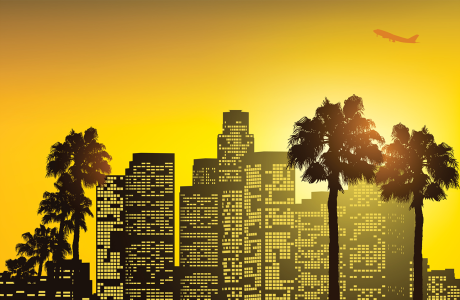 illustration of skyscrapers and palm trees against a yellow background