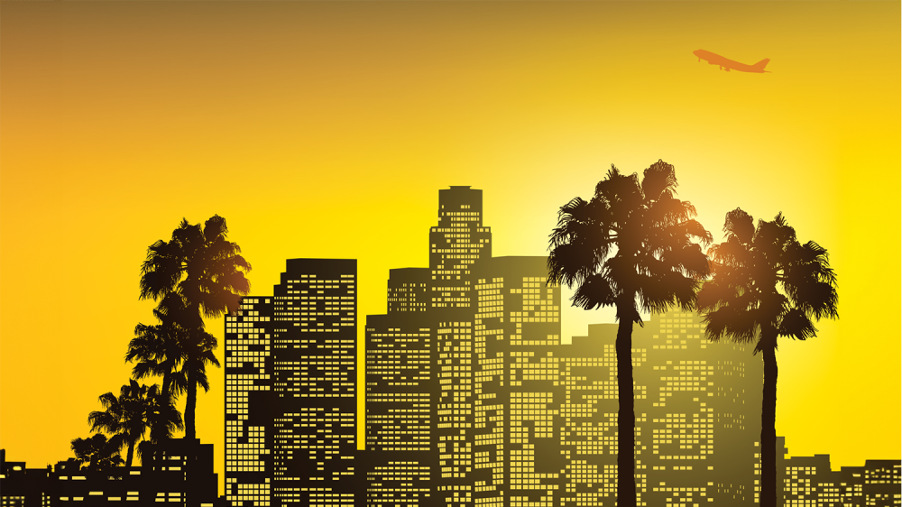 illustration of skyscrapers and palm trees against a yellow background