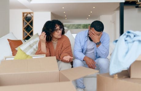 a man and woman surrounded by moving boxes|text with report name and a map of Los Angeles County|pie chart shows only one in four renters expect to buy a home eventually|fever chart shows rating change over time|