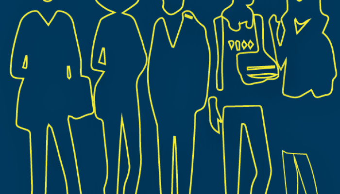 Yellow outlines of five people standing next to each other against a blue background. The leftmost appears to be wearing a dress and holding a purse. The next figure has an arm on their hip. The one in the middle is wearing a sweater, while the one on their right has a sports team jersey on. The figure on the far right is holding a stack of books. Three of the figures have smiling mouths, while the other two have no faces.