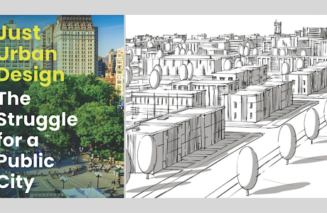 Book cover next to illustration of city neighborhood