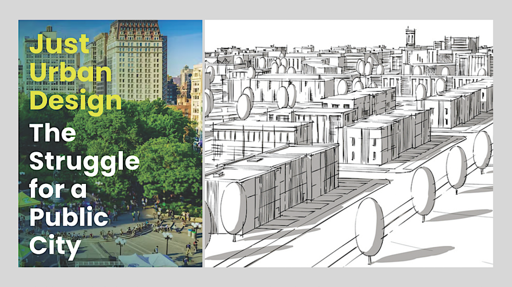 Book cover next to illustration of city neighborhood