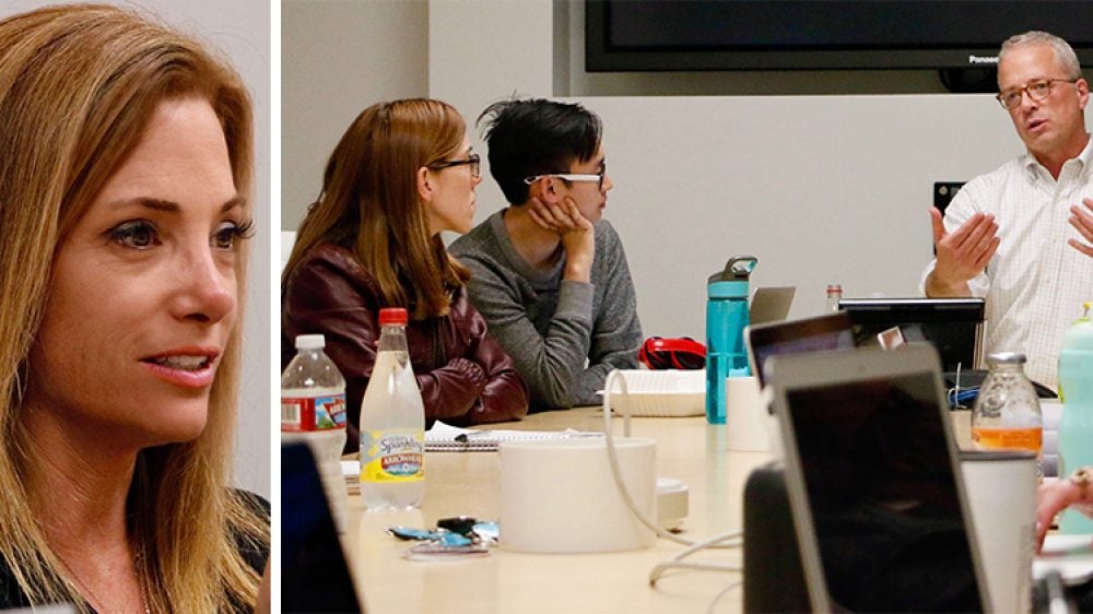 Jennifer Ferro, left, president of KCRW, speaks to Michael Fleming's Public Policy class at the UCLA Luskin School of Public Affairs. Photos by Carolyn Campbell