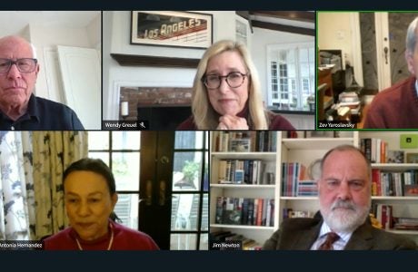 Steve Soboroff, Wendy Greuel, Zev Yaroslavsky, Jim Newton and Antonia Hernandez discuss the Los Angeles mayoral race during a Zoom session..