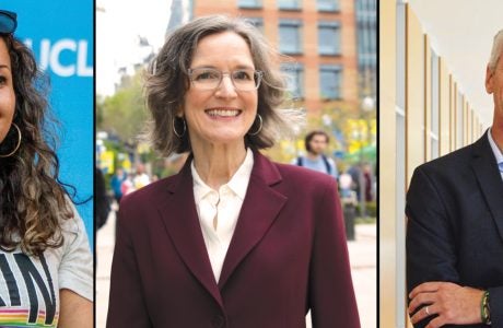 portrait images of two women and a man, on right