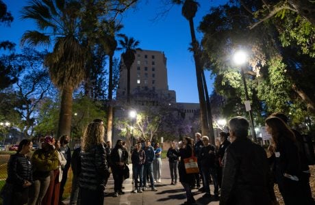 park lighting glows in the background as a group of people gather in an urban park in Los Angeles