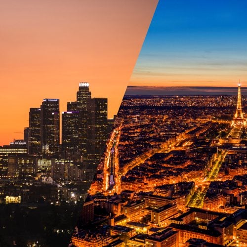 city skylines of Los Angeles and Paris