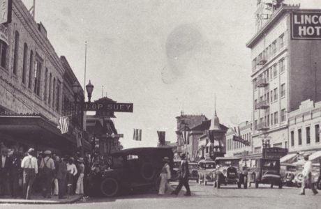 black and white historic photo of business district