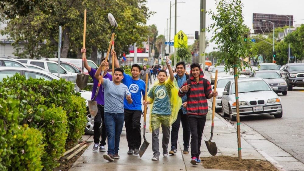 team of tree-planting volunteers with shovels