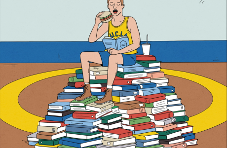 A cartoon man sits on top of a pile of books in his UCLA boxing uniform, symbolizing UCLA alumni Meyer Luskin.