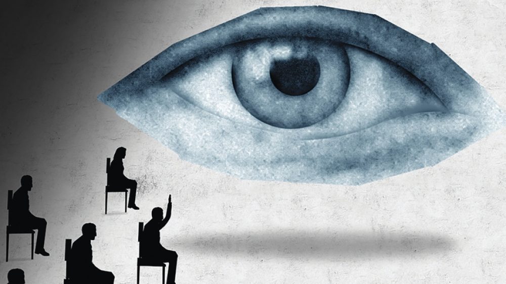 graphic of large eye and seated students